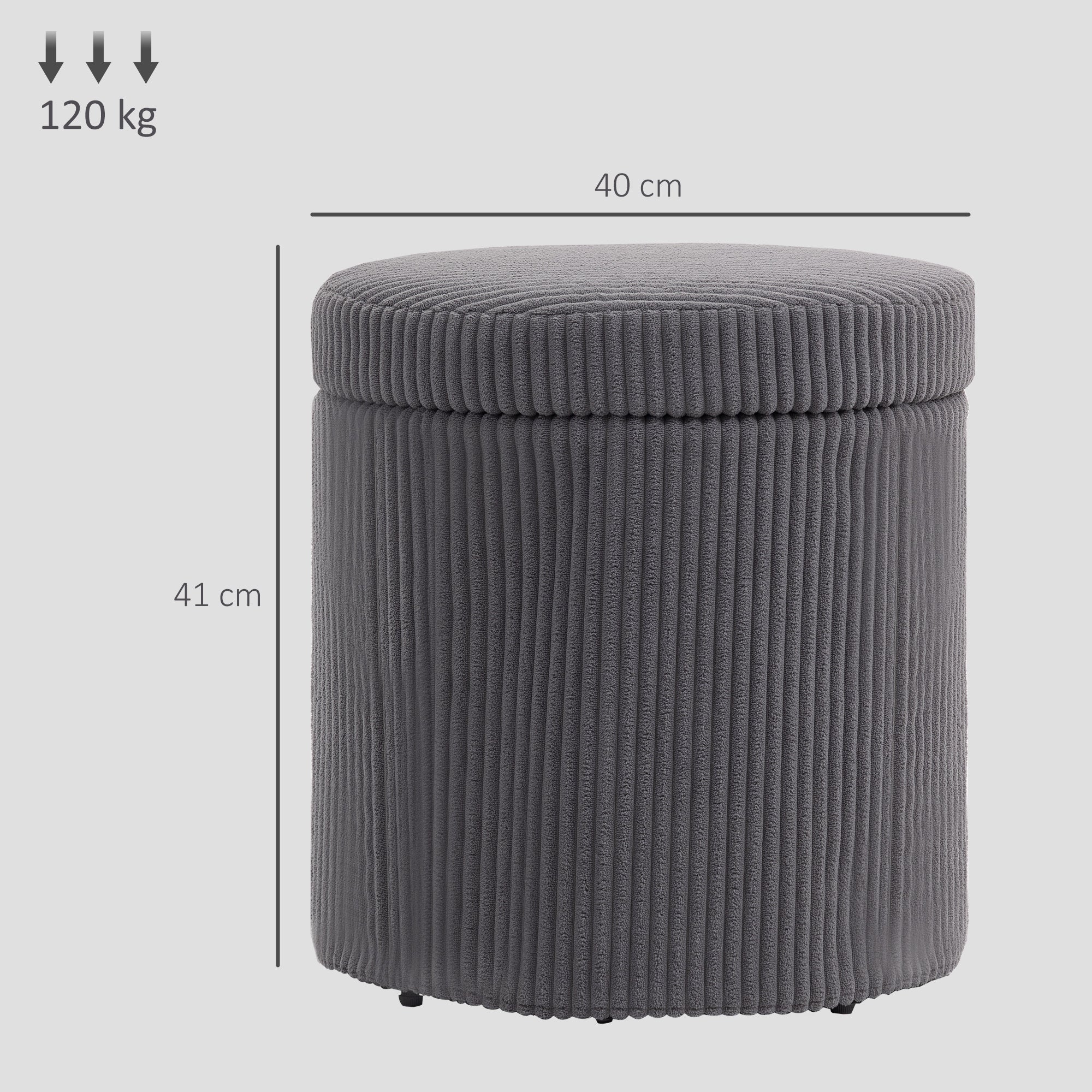 HOMCOM 40cm Round Storage Ottoman, Corduroy Footstool with Removable Lid and Legs, Vanity Stool for Living Room, Bedroom, Grey